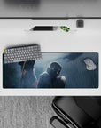 32x12 inches anime mouse pad in deep blues and smoky grays, cinematic rain mood with red Akatsuki clouds.