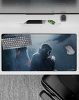 32x16 inches anime mouse pad in deep blues and smoky grays, moody lighting with red Akatsuki clouds.