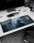 Itachi Uchiha crouched in rain with Kisame standing guard anime desk pad, 36x16 inches.