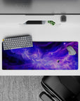 Cozy cosmic purple and indigo desk mouse pad in misty lavender tones, smooth surface, 32x12 inches.