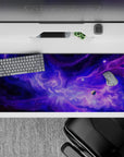Cosmic cozy desk pad 36x16 inches in deep purple, indigo, and misty lavender tones with star specks.