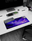 Deep space nebula scene mouse pad 28x12 inches featuring a shy planet beside a field of tiny stars.