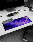Deep space nebula scene mouse pad with tiny stars and a shy planet on the side, 32x12 inches.