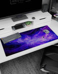 Starry nebula scene desk pad 36x16 inches featuring swirling purple clouds and a shy planet off to the side.