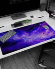 Star-dotted violet nebula scene desk pad 40x20 inches featuring a shy planet at the edge.
