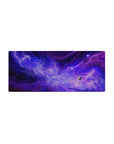 Violet nebula galaxy desk mouse pad 28x12 inches with swirling clouds, tiny stars, and a small planet.