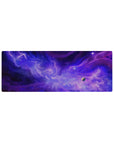Violet nebula galaxy desk mouse pad with swirling clouds, stars, and a small planet, 32x12 inches.