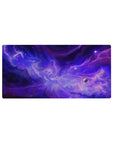 Violet nebula galaxy desk mouse pad, 32x16 inches, with swirling clouds, stars, and a small planet.