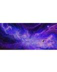Violet nebula galaxy desk pad 36x16 inches with swirling clouds, tiny stars, and a small planet.