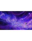 Violet nebula galaxy desk pad 40x20 inches with swirling clouds, tiny stars, and a small planet.