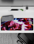 32x12 inches anime mouse pad in neon magenta, deep blacks, and streaky blues for a cockpit vibe.