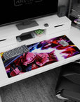 Char’s red Zaku II aims a bazooka in space on anime desk pad 36x16 inches, sharp armor panels.