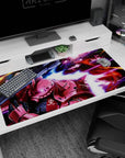 Char’s red Zaku II charging with bazooka in space on an anime desk pad 40x20 inches.