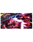 32x16 inches anime mouse pad with Char Aznable red Zaku II, Zeon insignia, sharp armor panels.