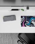 Vibrant 14x10 mouse pad with bold pink, blue, and charcoal swirls, adding artistic energy and fluid movement to your desk