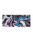 Vibrant 28x12 mouse pad with bold swirls of pink, blue, and charcoal, creating a dynamic, artistic atmosphere for your desk