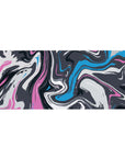 Abstract wave 36x16 desk pad with dynamic pink, blue, and charcoal swirls, bringing vibrant energy and movement to your workspace