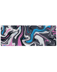 Creative 32x12 mouse pad featuring dynamic pink, blue, and charcoal swirls for a fluid, artistic workspace design