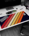 Large 40x20 inches mouse pad featuring bold diagonal stripes in warm tones of orange, red, and yellow, set against a classic navy backdrop.