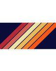 Mouse pad featuring a bold diagonal stripe pattern, 36x16 inches, with warm orange, red, and yellow tones on a navy background for a retro feel.