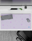 Impactful 32x16 mousepad combines soft lavenders, gentle whites, and a pop of blue for visually soothing yet functional visuals