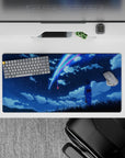 32x16 inches anime mouse pad in deep navy with neon blue-pink comet streaks, calm dreamy night vibe.