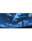 36x16 inches anime desk pad with girl in blue yukata in tall grass under twin comets and stars.