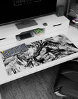Artistic 36x16 inches desk pad featuring Guts with his Dragonslayer sword, ideal for bringing intense action and the essence of the Black Swordsman to your workspace.