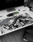 Large 40x20 inches desk pad with Guts wielding his Dragonslayer sword, perfect for adding strength, intensity, and the spirit of the Black Swordsman to your desk setup.