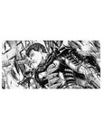 Mouse pad featuring Guts in action with his Dragonslayer sword, 32x16 inches, perfect for adding powerful energy and high-contrast design to your desk setup.