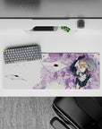 32x12 inches lavender and cream anime desk mouse pad, wistful storybook vibe with ink-black and gold shimmer.