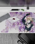 Lavender and cream 40x20 inches anime desk pad, wistful romantic vibe with ink-black lines and sparkle.