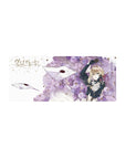 28x12 inches anime girl mouse pad with violet roses, floating letters, and gold ink accents.
