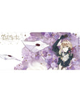 36x16 inches anime girl desk pad with violet roses, floating letters, and gold accents for smooth glide.