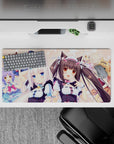 Pastel pink polka-dot anime girl mouse pad 32x16 inches with candy accents and cozy cute vibes.