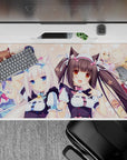 40x20 inches pastel pink and blue desk pad, cozy kawaii mood with playful catgirl energy.