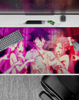 40x20 inches anime desk pad in vivid neon pink with dramatic night glow, teasing energy, high-contrast print.