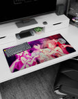 32x16 inches anime mouse pad showing flustered black-haired guy pulled by two ribboned girls, wide-eyed.