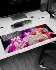 36x16 inches anime desk pad showing flustered black-haired guy tugged by two ribboned girls, ghost hands below.