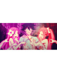 36x16 inches anime desk pad with neon-pink gothic cathedral scene, ribbons, ghost hands, glossy drama.