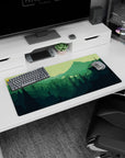 Modern 32x16 inches mouse pad with a hiker's silhouette and rich greens for a nature-inspired, calming design.