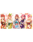 Anime girl mouse pad 32x16 inches with five festival yukata girls, pastel sky and drifting petals.