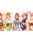40x20 inches anime girl desk pad with five yukata girls lined up at a festival, petals drifting.
