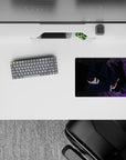 Dark purple and crimson anime mouse pad 14x10 inches, moody red glow eyes and smoky late-night vibe.