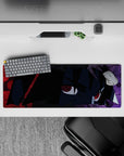 32x12 inches dark anime desk mat in smoky purple with crimson streaks and glowing red eyes vibe.