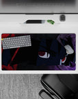 32x16 inches anime mouse pad in smoky purples with crimson streaks and glowing red eyes, dark vibe.