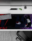 Dark purple and crimson anime desk pad 36x16 inches, moody vibe with glowing red eyes.