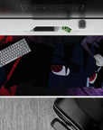 40x20 inches anime mouse pad in smoky purples with crimson streaks and glowing red eyes, dark vibe.
