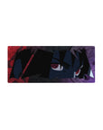 28x12 inches anime mouse pad with Sharingan-eyed ninja portrait, jagged black hair and gritty texture.