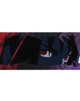 Anime desk pad 36x16 inches with Sharingan-eyed ninja portrait, jagged black hair and gritty texture.